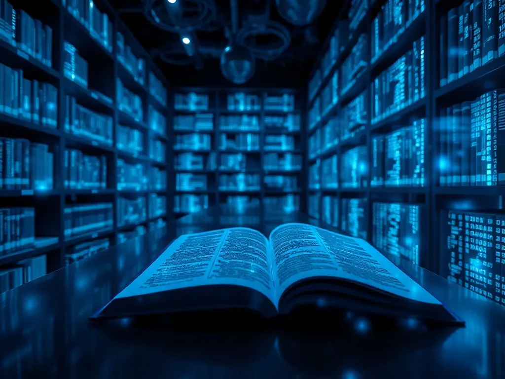 A high-tech digital library with glowing data streams and ho
