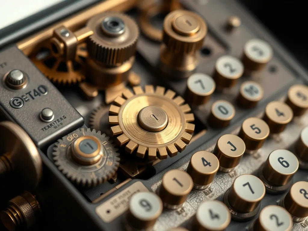 Detailed close-up of a vintage mechanical calculator with br