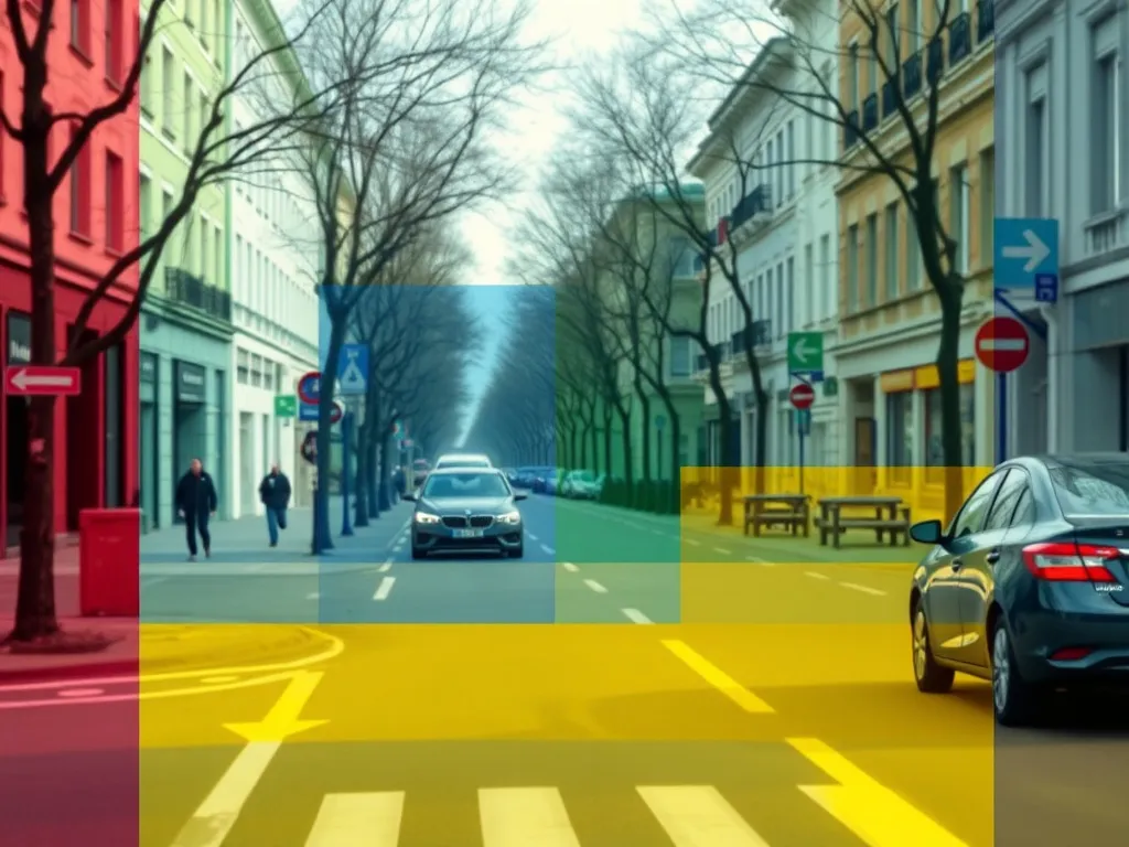 Technical schematic of image segmentation showing a street s